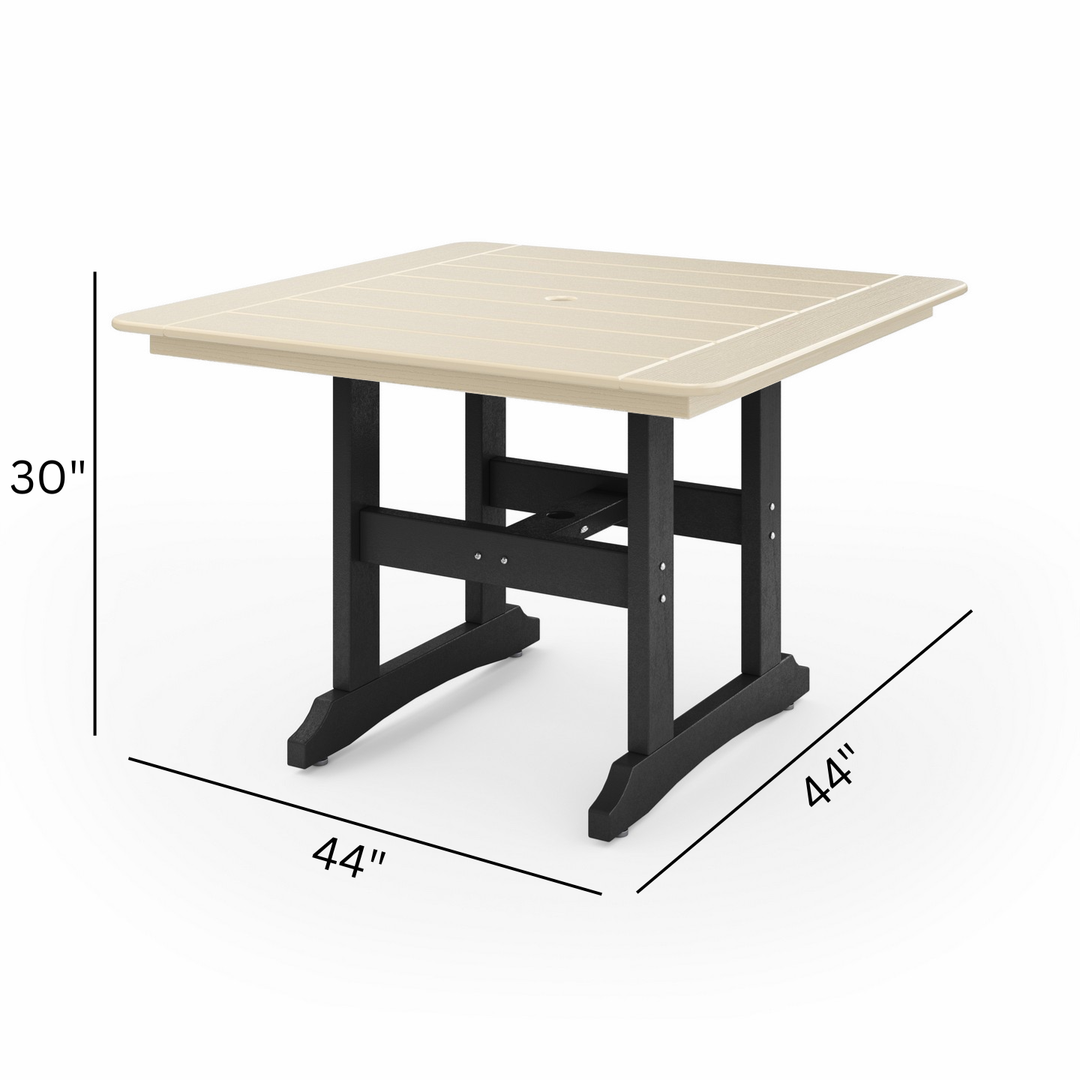 44" Savannah Square Dining Table with beige recycled HDPE lumber top and black sturdy legs, weather-resistant and compact 44x44 inch design