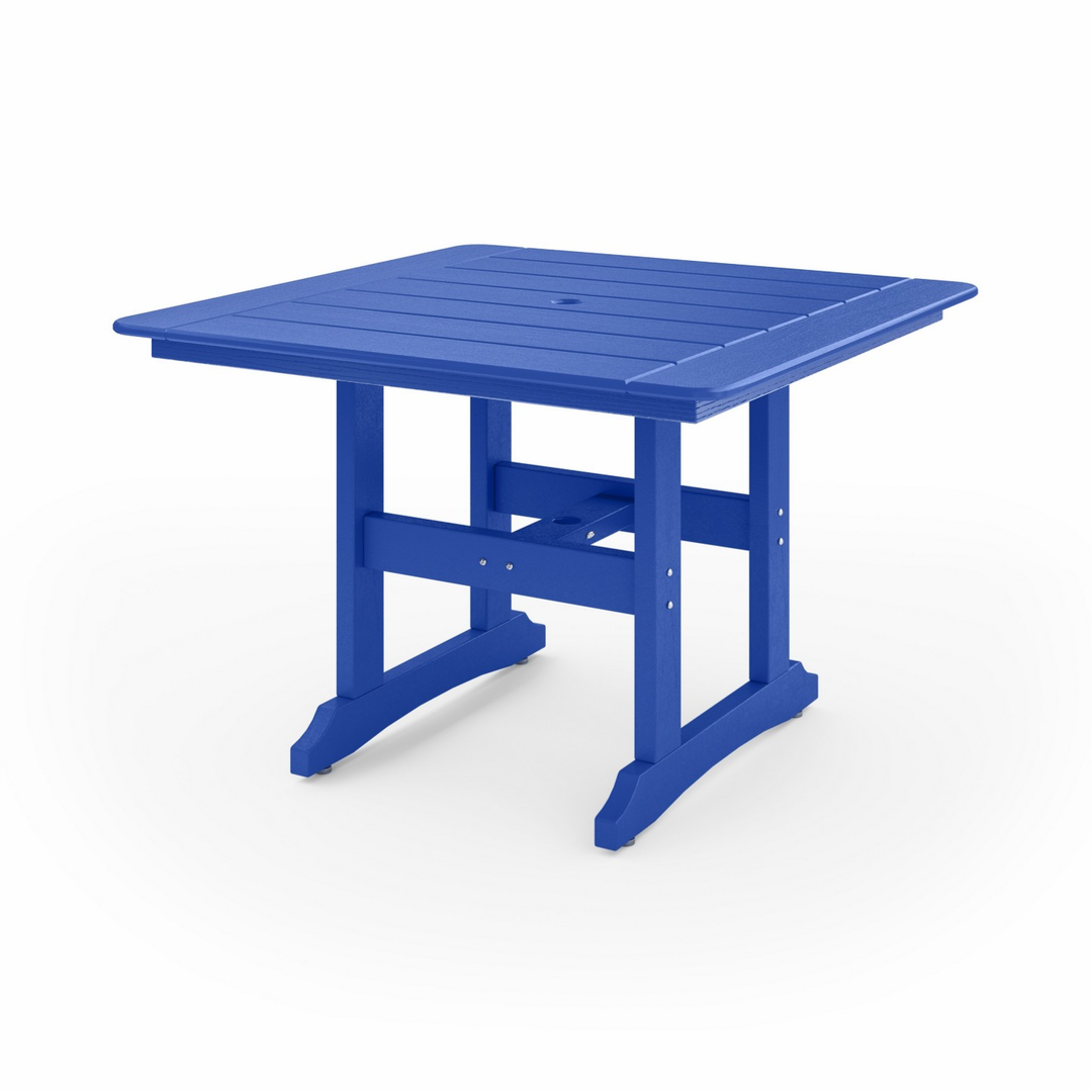 44" Savannah Square Dining Table in vibrant blue recycled HDPE lumber with a classic slatted square top and sturdy legs