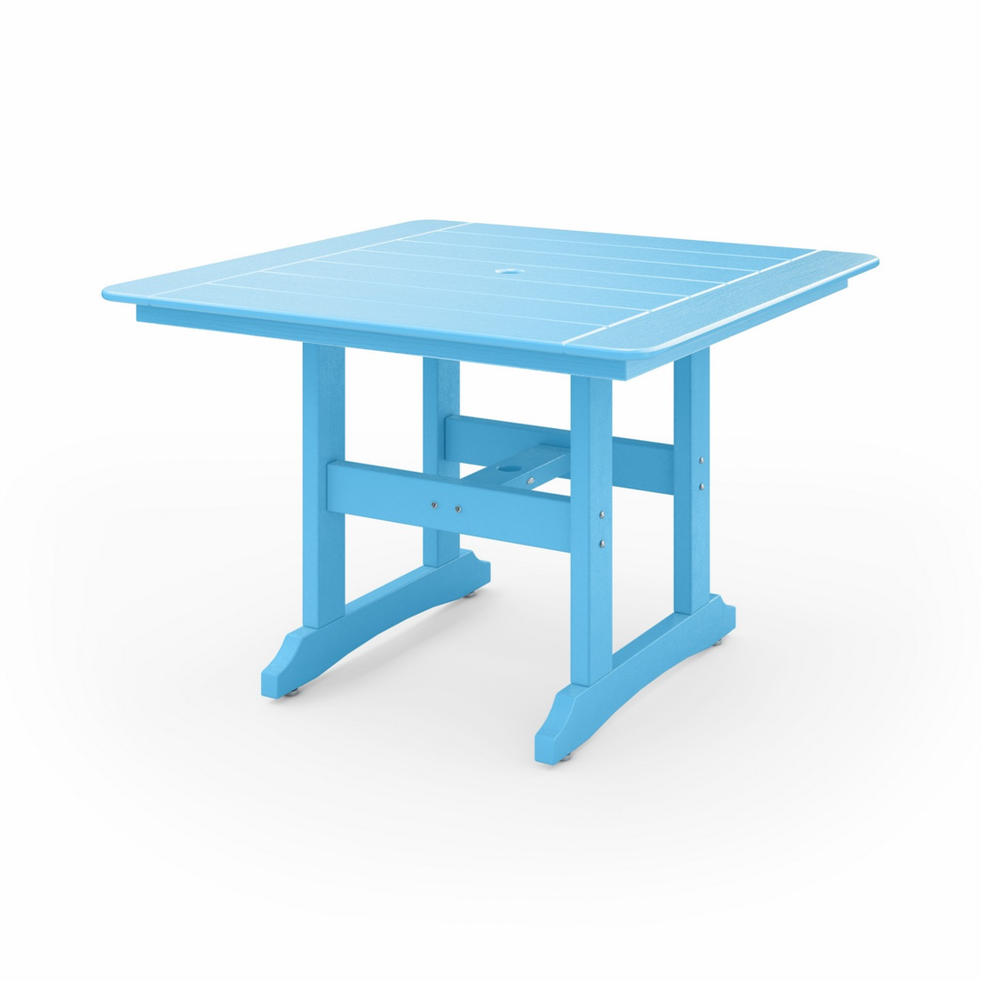 44" Savannah Square Dining Table in bright blue recycled HDPE lumber with a square slatted top and sturdy legs designed for outdoor use