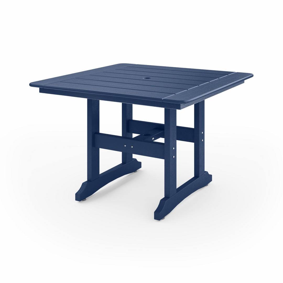 44" Savannah Square Dining Table in dark blue recycled HDPE lumber with a slatted top and sturdy square legs
