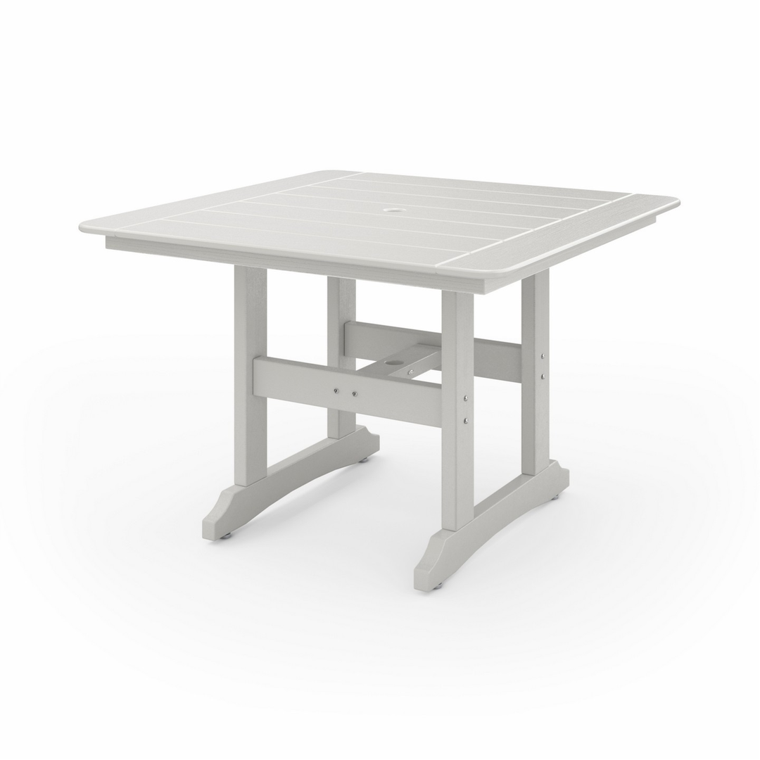 44" Savannah Square Dining Table in light gray recycled HDPE lumber with square top, slatted pattern, and sturdy crossbeam legs