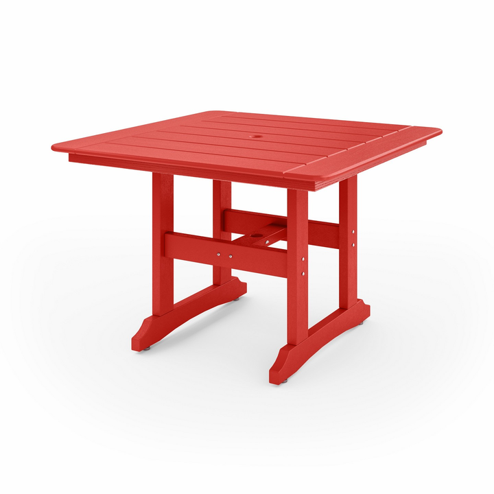 44" Savannah Square Dining Table in red recycled HDPE lumber with slatted top and sturdy cross-braced legs