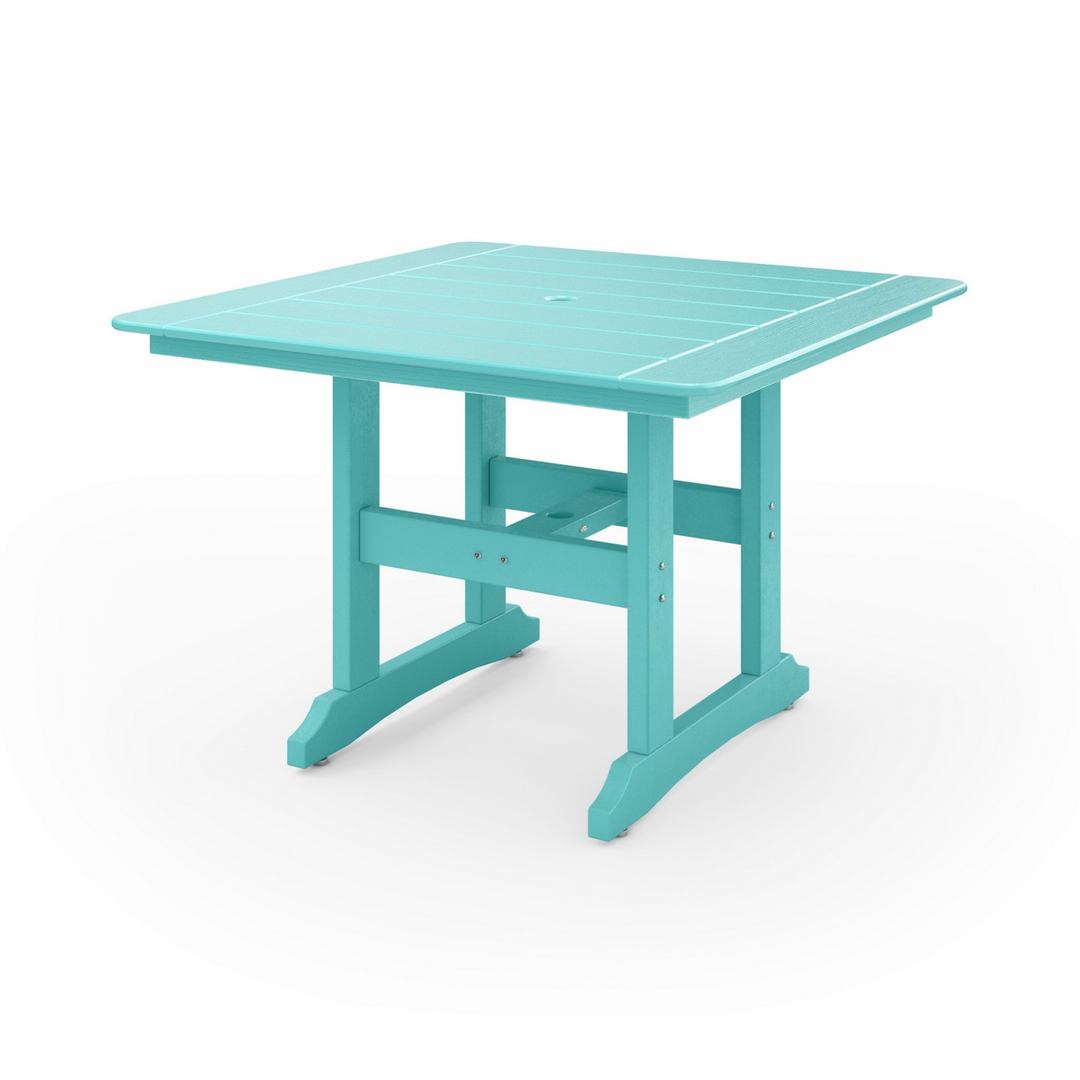 44" Savannah Square Dining Table in turquoise recycled HDPE lumber with square slatted top and sturdy legs