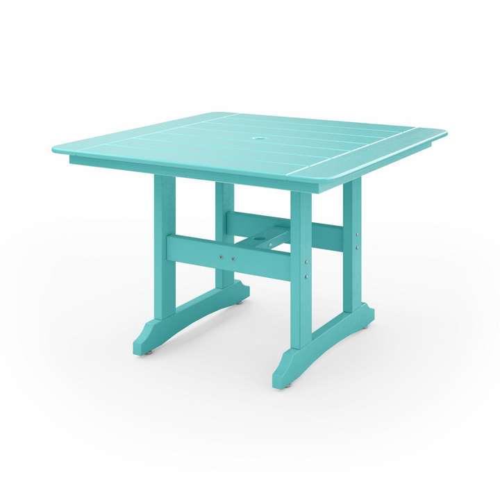 44" Savannah Square Dining Table in turquoise recycled HDPE lumber with square slatted top and sturdy legs