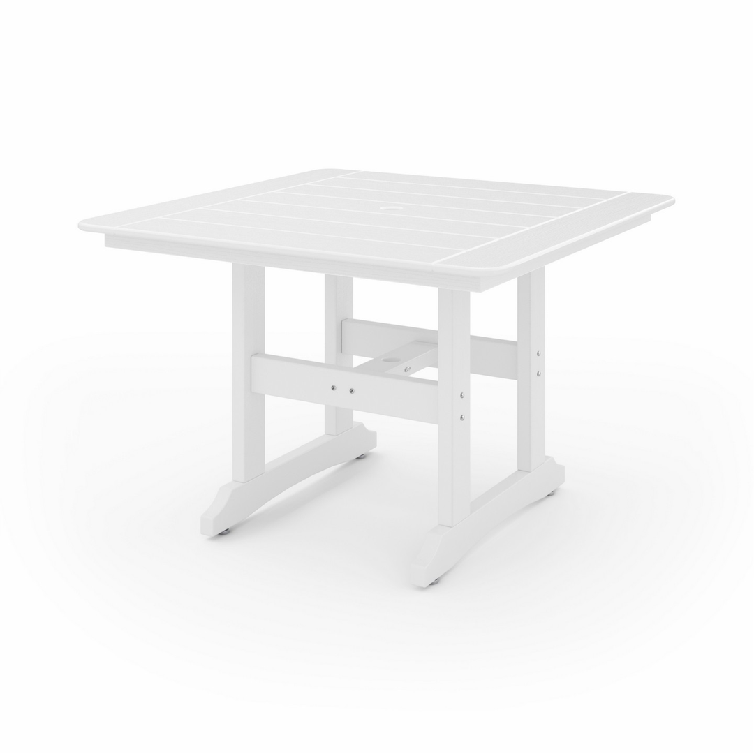 44" Savannah Square Dining Table in white recycled HDPE lumber with a square slatted tabletop and sturdy crossbar legs