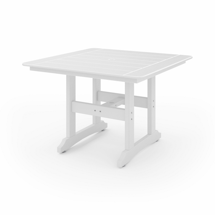 44" Savannah Square Dining Table in white recycled HDPE lumber with a slatted top and sturdy square legs