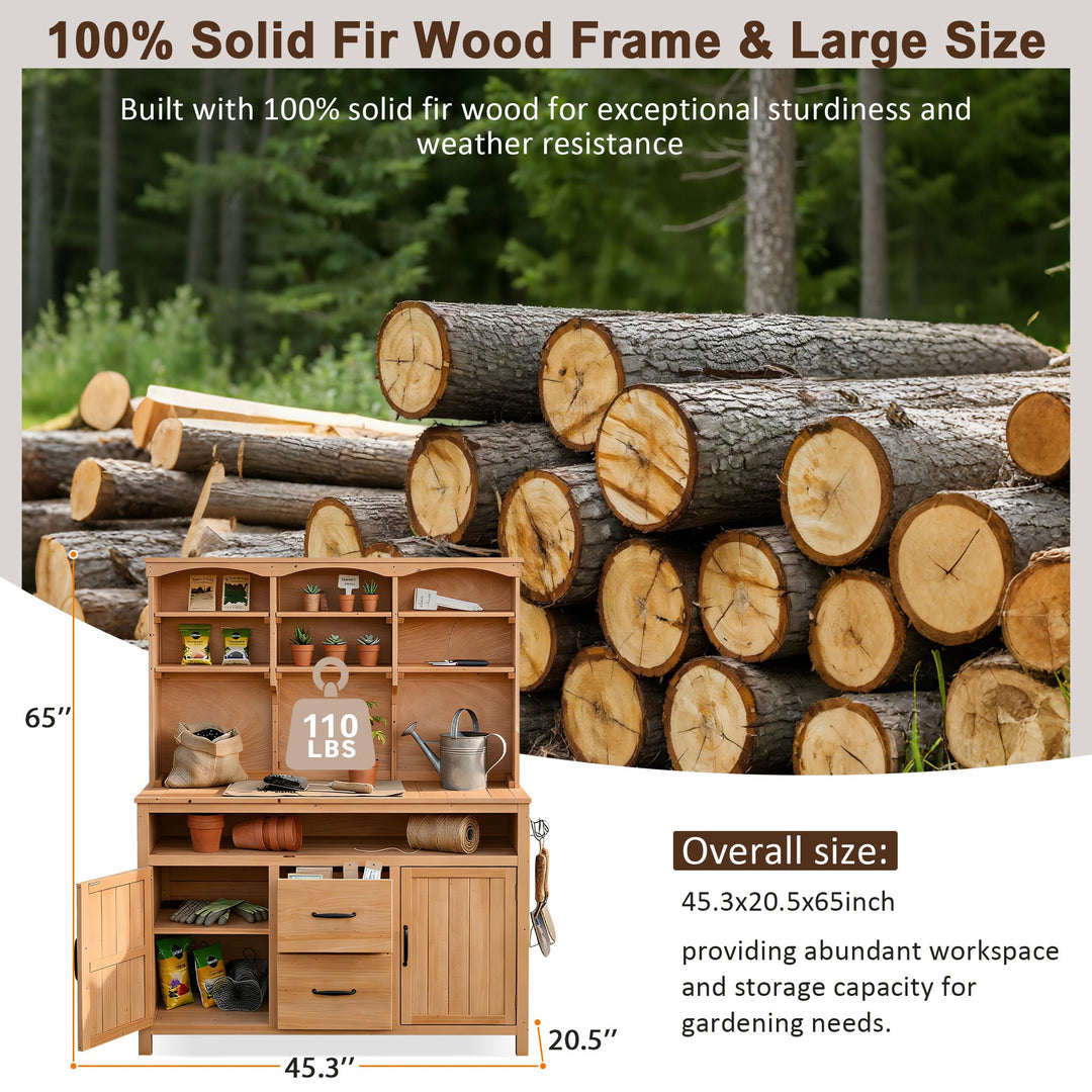 TOPMAX Large Fir Wood Potting Bench with Hutch, Cabinets &amp; Drawers