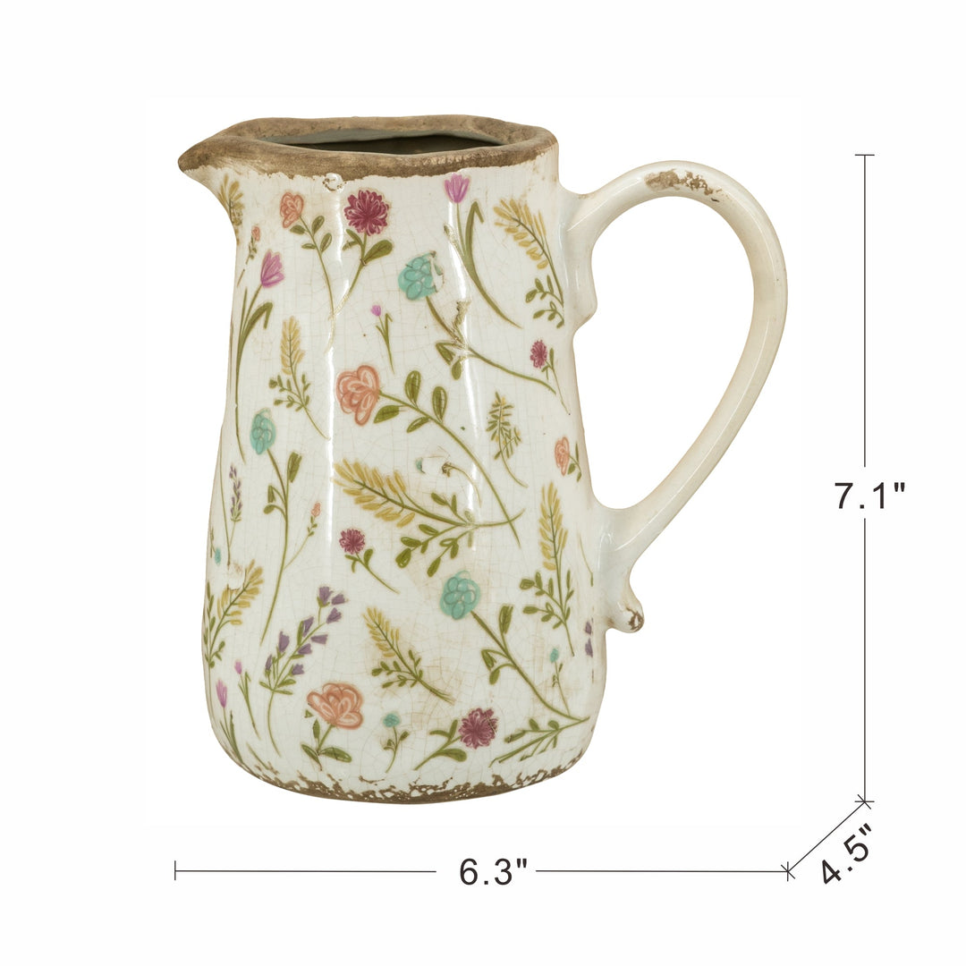 Round Ceramic Pitcher Vase with Multi-Colored Floral Motifs