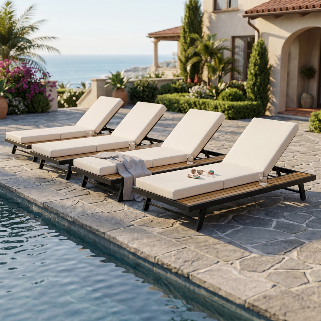 Black Iron + Teak Finish Chaise Lounge Set
