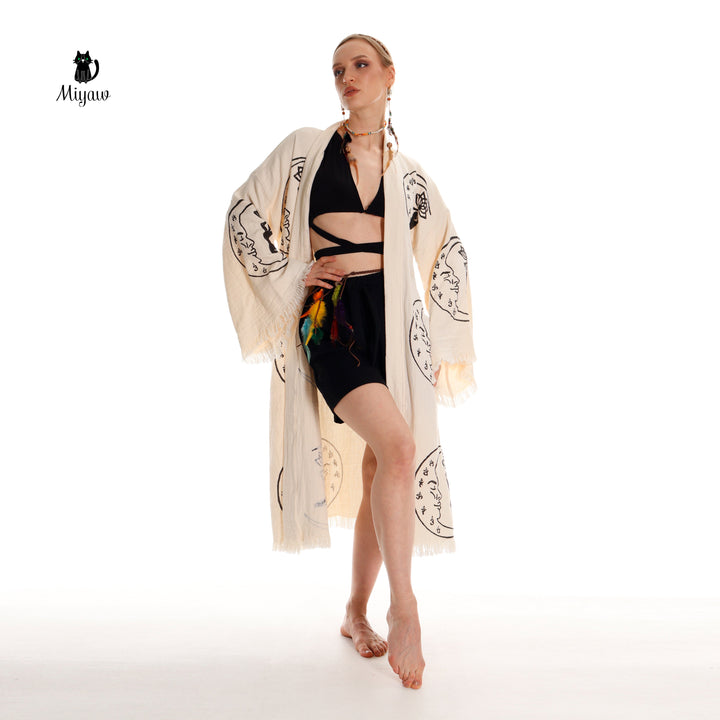 Boho Cotton Kimono Robe – Yoga Girl &amp; Moon Stamp, Organic Loungewear