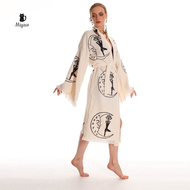Boho Cotton Kimono Robe – Yoga Girl &amp; Moon Stamp, Organic Loungewear