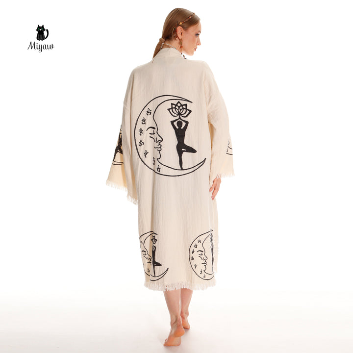 Boho Cotton Kimono Robe – Yoga Girl &amp; Moon Stamp, Organic Loungewear
