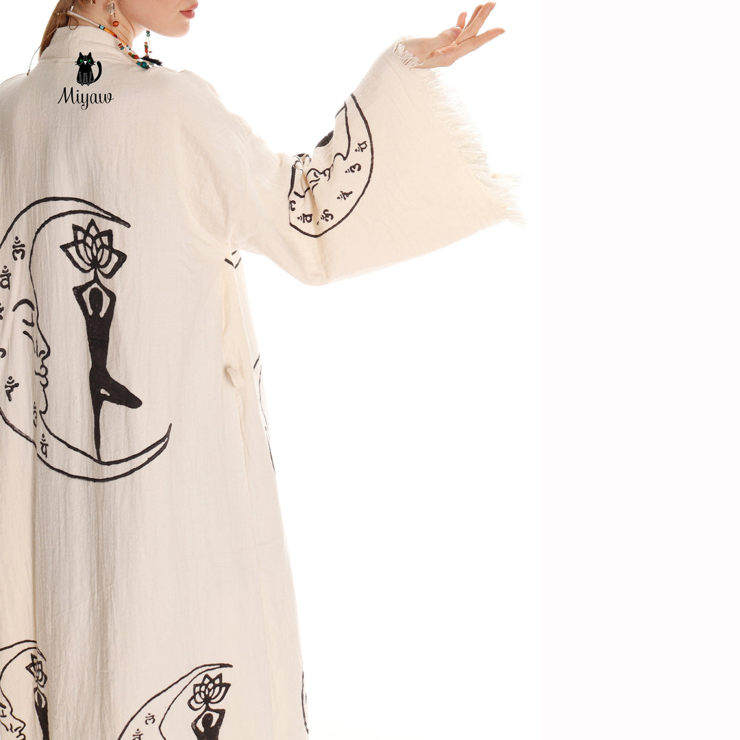 Boho Cotton Kimono Robe – Yoga Girl &amp; Moon Stamp, Organic Loungewear