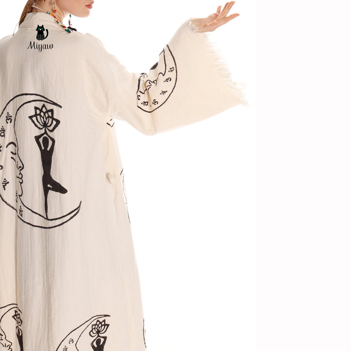 Boho Cotton Kimono Robe – Yoga Girl &amp; Moon Stamp, Organic Loungewear