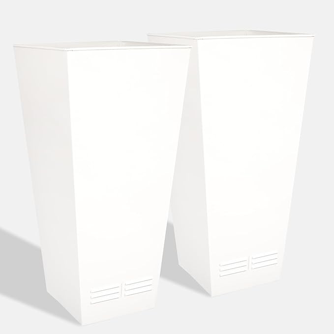 Worth Garden 28" H. Large Metal Glazed Planter Set of 2, Modern Glossy Finish White Tall Square Tapered Steel Flower Plant Pots for Indoor &amp; Outdoor Use - Insert Plate with Drain Holes, Air Vents