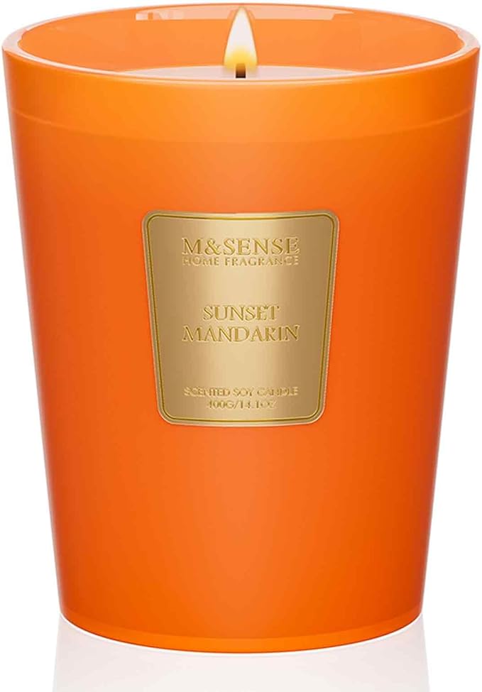 M&amp;SENSE Sunset Mandarin Scented Natural Soy Wax Candle, 14.1oz 60 Hours Long Lasting Slow Burning Candles for Home Decor, Aromatherapy Candle for Stress Relief
