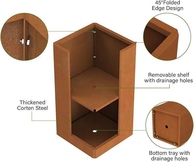 Cor Ten Steel Planter 26 Inch Tall Planter with Drainage Holes, Rust-Resistant/Heavy-Duty Metal Planter Box for Garden, Patio, Porch &amp; Yard (14x14x26in)