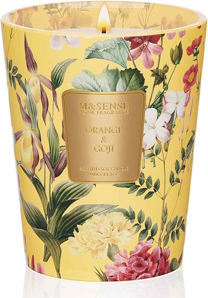M&amp;SENSE Orange Goji Scented Natural Soy Wax Candle, 14.1oz 60 Hours Long Lasting Slow Burning Candles for Home Decor, Aromatherapy Candle for Stress Relief