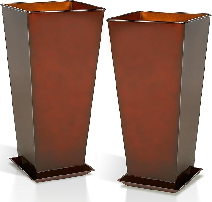 WORTH Garden 28" Large Metal Glazed Planter Set of 2, Luxurious Glossy Finish Red Tall Square Tapered Steel Plant Pots, Decor Flower Pot Indoor &amp; Outdoor, Drainage Hole &amp; Dual-Purpose Plant Saucer
