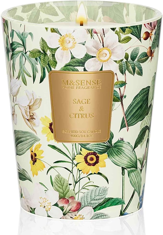 M&amp;SENSE Sage Citrus Scented Natural Soy Wax Candle, 14.1oz 60 Hours Long Lasting Slow Burning Candles for Home Decor, Aromatherapy Candle for Stress Relief