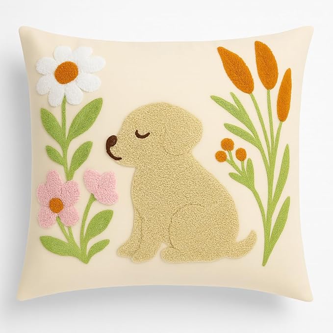 katre home madame &amp; textile Embroidered Dog Pillow Cover – 18x18 inch Handmade Punch Needle Cushion – Boho Cotton Throw Pillow for Couch, Bed, or Gift for Dog Lovers