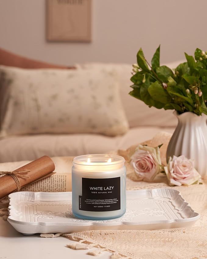 M&amp;SENSE Jasmine &amp; Clean Cotton Spring Scented Candle, 11.6oz Aromatherapy Gifts 2 Wick 70 Hours Long Lasting Burn, Natural Organic Soy Candle, Housewarming Gifts for Dad Mom Friends