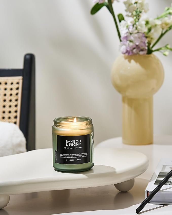 M&amp;SENSE Bamboo Peony Spring Jar Candles for Home Scented Natural Organic Soy Candle Gifts for Women, 7.05oz 50 Hour Hours Burn Fresh Smelling Aromatherapy Gifts for Stress Relief