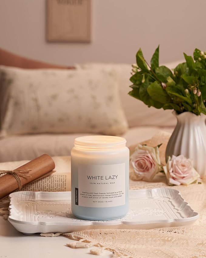 M&amp;SENSE Spring Scented Candle, Jasmine Clean Cotton Soy Wax Large 19.4oz 110 Hour Long Lasting Burning Non Toxic Organic Natural 2 Wick Relaxing Jar Candle for Women