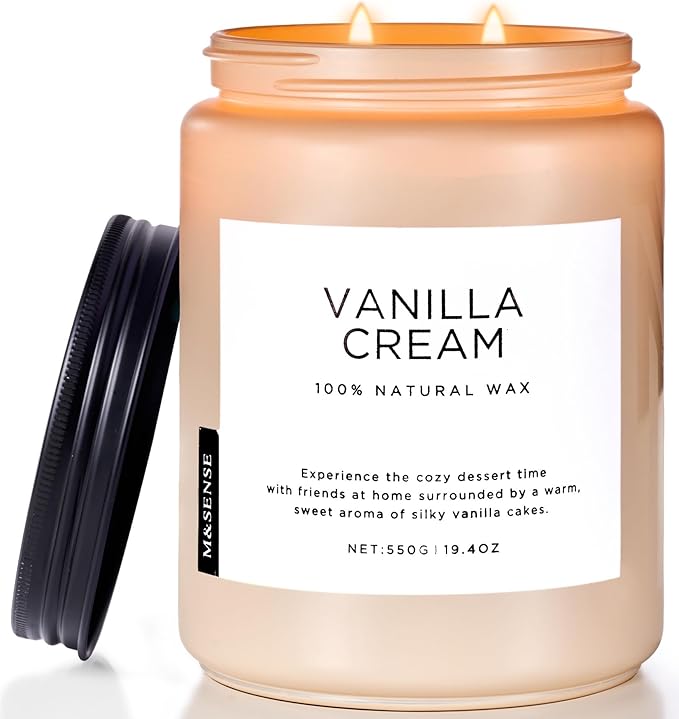 M&amp;SENSE Vanilla Soy Candles, Large 2 Wick Jar Candle 19.4oz, 110 Hours Burning Time, 100% Natural Organic Soy Wax, Relaxing Aromatherapy Scented Candle, Housewarming Gift for Women and Men