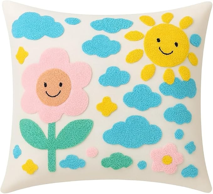 katre home madame &amp; textile Throw Pillow Cover – Sun &amp; Cloud Punch Needle Cushion 18x18 inch – Handmade Embroidered Boho Cotton Pillow for Couch, Bed or Nursery Room Decor