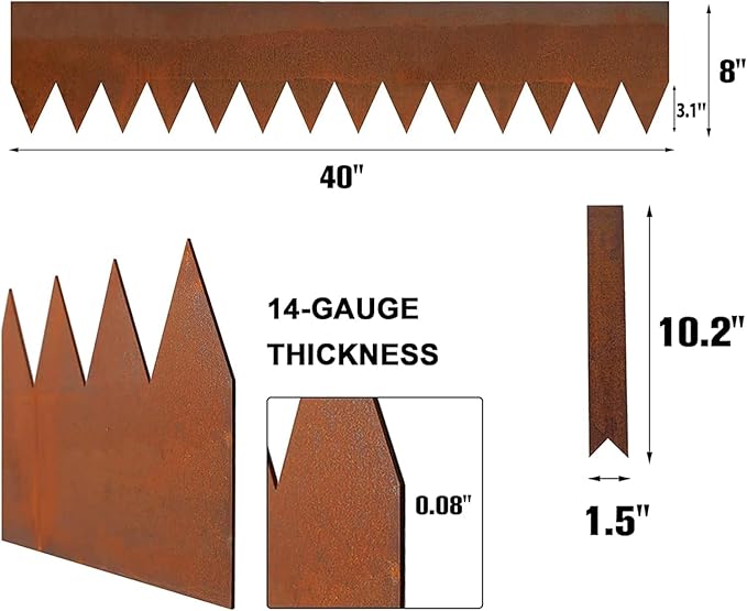Worth Garden 6 Pack Cor-Ten Steel Landscape Edging w/Rust Patina Finish - 40" L x 8" H Strips - Hammer-in 14-Gauge Metal Corten Edging Border w/ 7 Clips &amp; Gloves - Edge for Lawn Yard (20Ft Total)