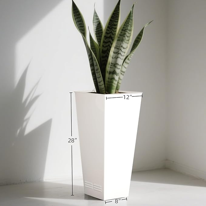 Worth Garden 28" H. Large Metal Glazed Planter Set of 2, Modern Glossy Finish White Tall Square Tapered Steel Flower Plant Pots for Indoor &amp; Outdoor Use - Insert Plate with Drain Holes, Air Vents