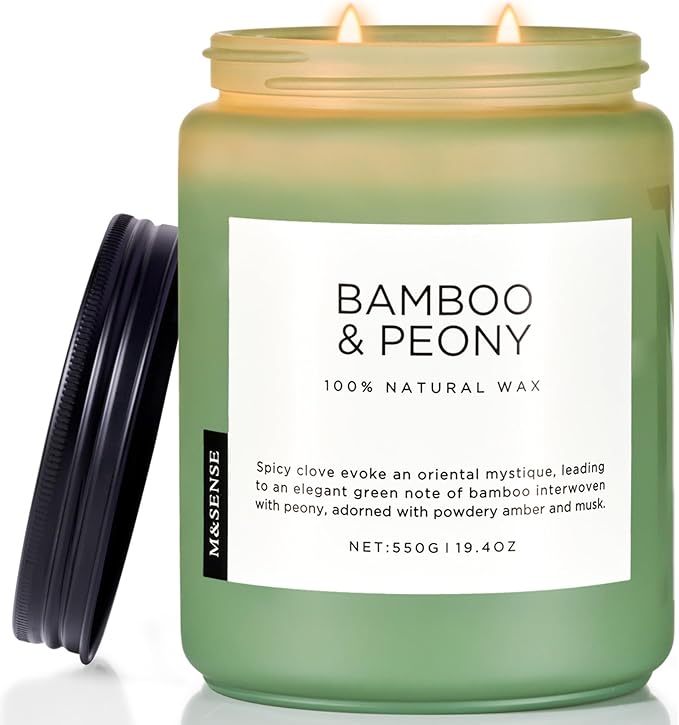 M&amp;SENSE Bamboo Peony Spring Large Candles for Home Scented 19.4oz 110 Hour Long Lasting Burn Natural Organic Soy Candle Gifts for Women, Fresh Smelling Aromatherapy Gifts for Stress Relief