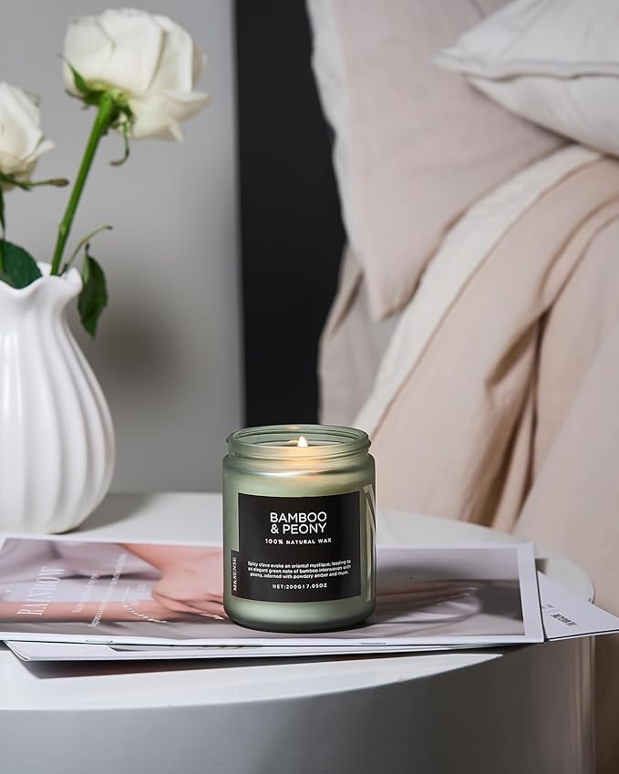 M&amp;SENSE Bamboo Peony Spring Jar Candles for Home Scented Natural Organic Soy Candle Gifts for Women, 7.05oz 50 Hour Hours Burn Fresh Smelling Aromatherapy Gifts for Stress Relief