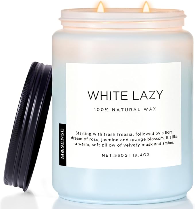 M&amp;SENSE Spring Scented Candle, Jasmine Clean Cotton Soy Wax Large 19.4oz 110 Hour Long Lasting Burning Non Toxic Organic Natural 2 Wick Relaxing Jar Candle for Women