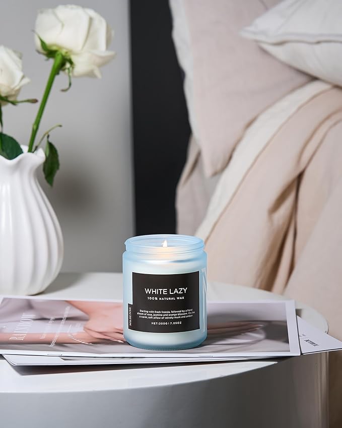 M&amp;SENSE White Lazy - Clean Cotton &amp; Jasmine Scented Natural Soy Wax Jar Candles for Home Decor 7.05oz 50 Hour Long Lasting Burning, Non Toxic Organic Natural Relaxing Candle for Women