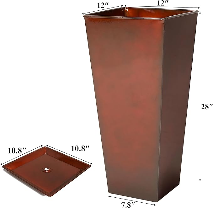 WORTH Garden 28" Large Metal Glazed Planter Set of 2, Luxurious Glossy Finish Red Tall Square Tapered Steel Plant Pots, Decor Flower Pot Indoor &amp; Outdoor, Drainage Hole &amp; Dual-Purpose Plant Saucer