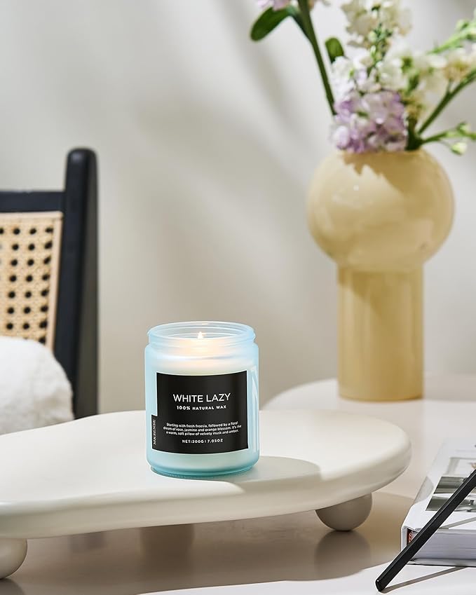 M&amp;SENSE White Lazy - Clean Cotton &amp; Jasmine Scented Natural Soy Wax Jar Candles for Home Decor 7.05oz 50 Hour Long Lasting Burning, Non Toxic Organic Natural Relaxing Candle for Women