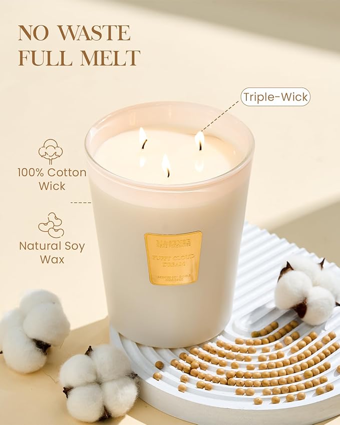 M&amp;SENSE Puffy Cloud Dream Scented Candle, 35 OZ Extra Large 3 Wick Natural Soy Wax Candles 150 Hours Long Lasting Slow Burning, Candles Gift for Spring Home Decor
