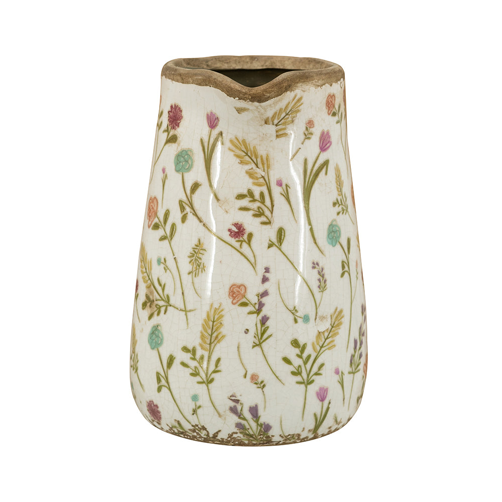 Round Ceramic Pitcher Vase with Multi-Colored Floral Motifs