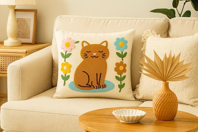 katre home madame &amp; textile Cat Throw Pillow Cover – 100% Cotton Embroidered Decorative Cushion Case 18x18 – Handmade Punch Needle Pillow for Sofa, Bed, Couch or Gift for Cat Lovers