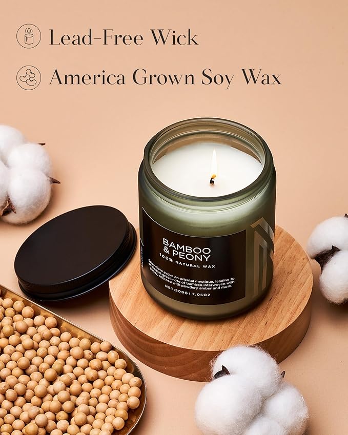 M&amp;SENSE Bamboo Peony Spring Jar Candles for Home Scented Natural Organic Soy Candle Gifts for Women, 7.05oz 50 Hour Hours Burn Fresh Smelling Aromatherapy Gifts for Stress Relief