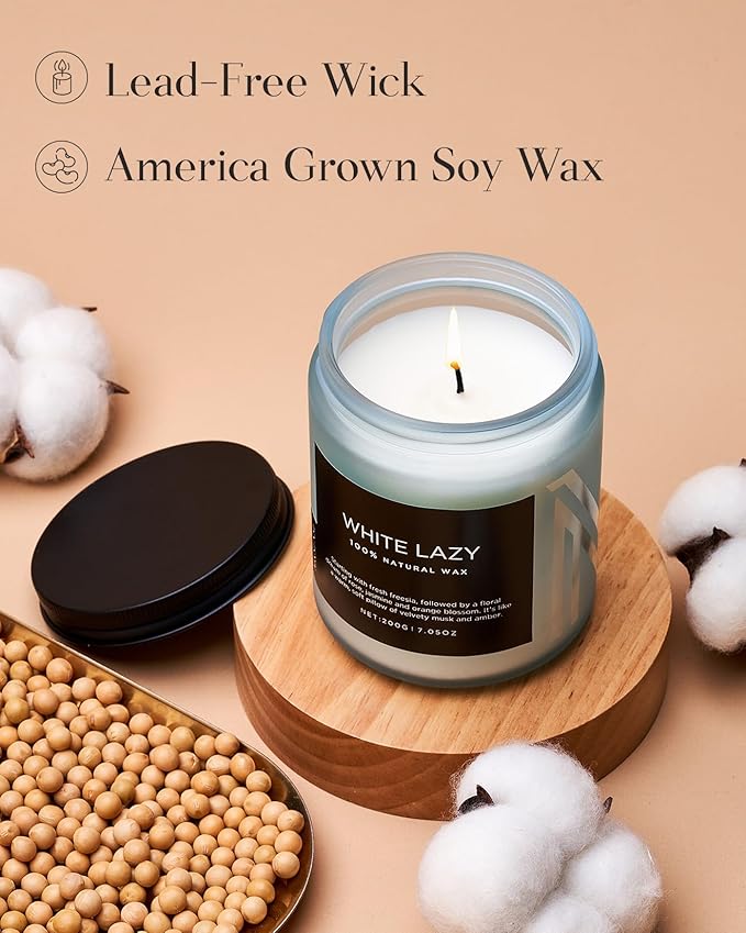 M&amp;SENSE White Lazy - Clean Cotton &amp; Jasmine Scented Natural Soy Wax Jar Candles for Home Decor 7.05oz 50 Hour Long Lasting Burning, Non Toxic Organic Natural Relaxing Candle for Women