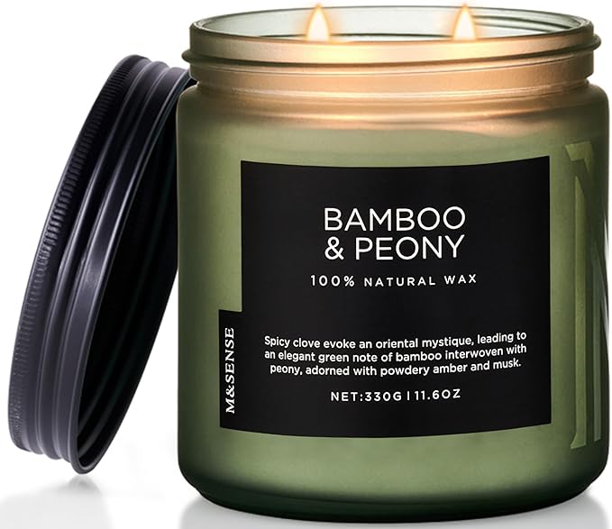 M&amp;SENSE Bamboo Peony Scented Candle, 11.6oz Aromatherapy Jar Candle, 70 Hour Burn Time, Natural Soy Wax Blend, Stress Relief, Home Fragrance