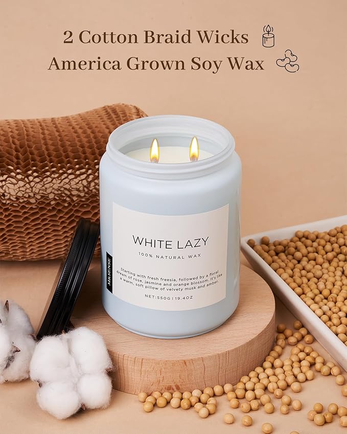 M&amp;SENSE Spring Scented Candle, Jasmine Clean Cotton Soy Wax Large 19.4oz 110 Hour Long Lasting Burning Non Toxic Organic Natural 2 Wick Relaxing Jar Candle for Women