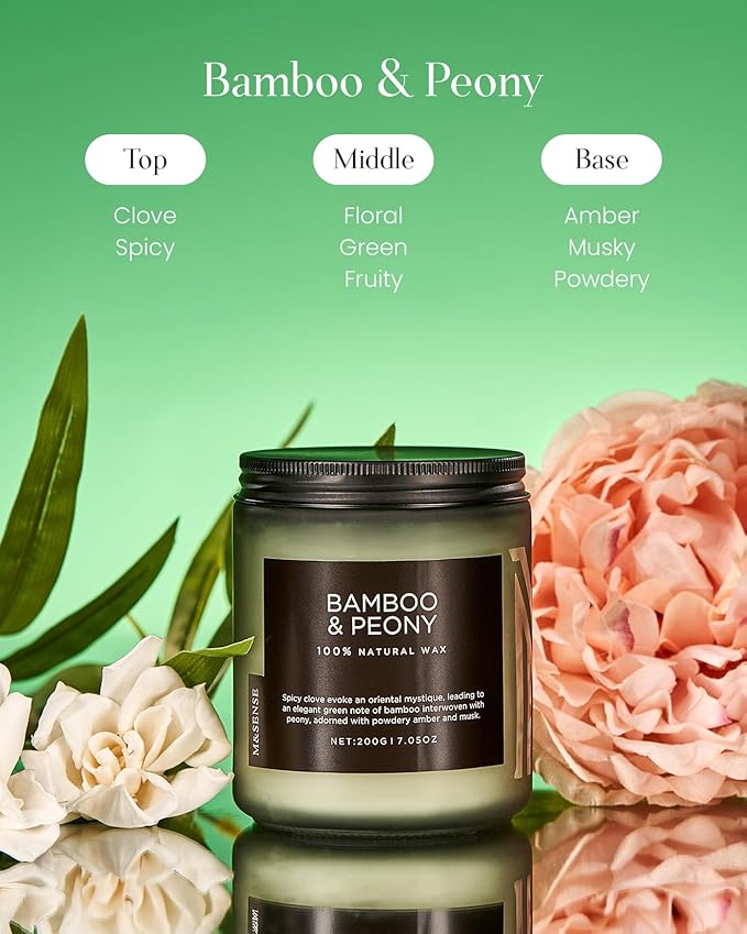 M&amp;SENSE Bamboo Peony Spring Jar Candles for Home Scented Natural Organic Soy Candle Gifts for Women, 7.05oz 50 Hour Hours Burn Fresh Smelling Aromatherapy Gifts for Stress Relief