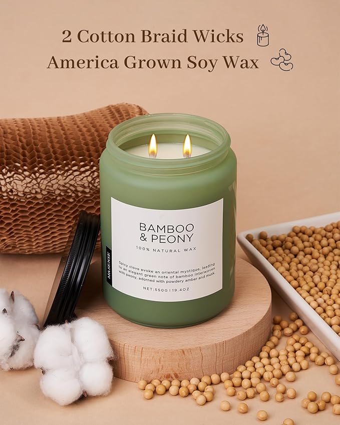 M&amp;SENSE Bamboo Peony Spring Large Candles for Home Scented 19.4oz 110 Hour Long Lasting Burn Natural Organic Soy Candle Gifts for Women, Fresh Smelling Aromatherapy Gifts for Stress Relief