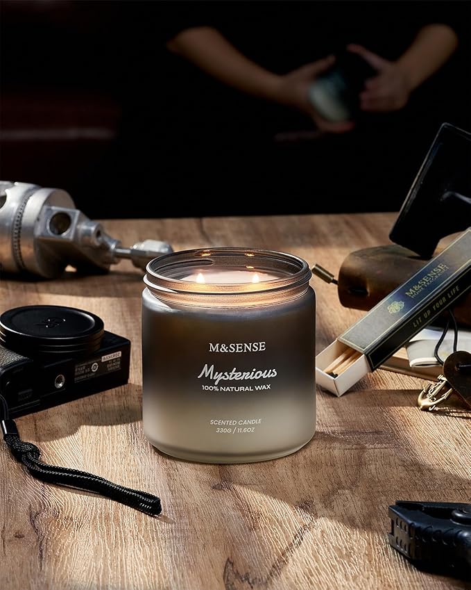 M&amp;SENSE Pepper Lavender Scented Candles for Men, 2 Wick 11.6oz 70 Hours Slow Burning Natural Soy Candle for Christmas, Organic Black Masculine Candles Home Fragrance Holiday Candle for Him