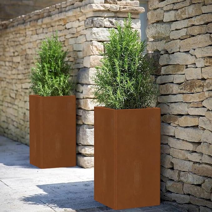 Cor Ten Steel Planter 26 Inch Tall Planter with Drainage Holes, Rust-Resistant/Heavy-Duty Metal Planter Box for Garden, Patio, Porch &amp; Yard (14x14x26in)