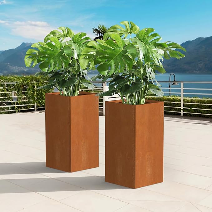 Cor Ten Steel Planter 26 Inch Tall Planter with Drainage Holes, Rust-Resistant/Heavy-Duty Metal Planter Box for Garden, Patio, Porch &amp; Yard (14x14x26in)